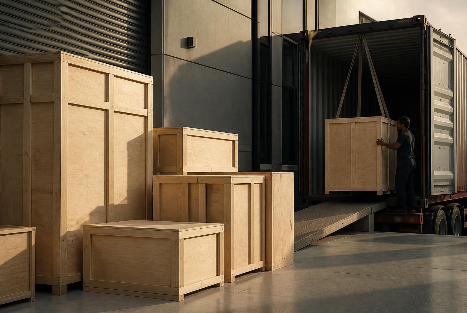 Bespoke joinery crated for export at the TFF Dubai factory